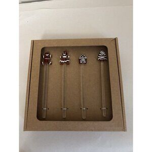 Pottery Barn Gingerbread Icon Glass Stir Sticks, Set Of Four Stirrers NEW